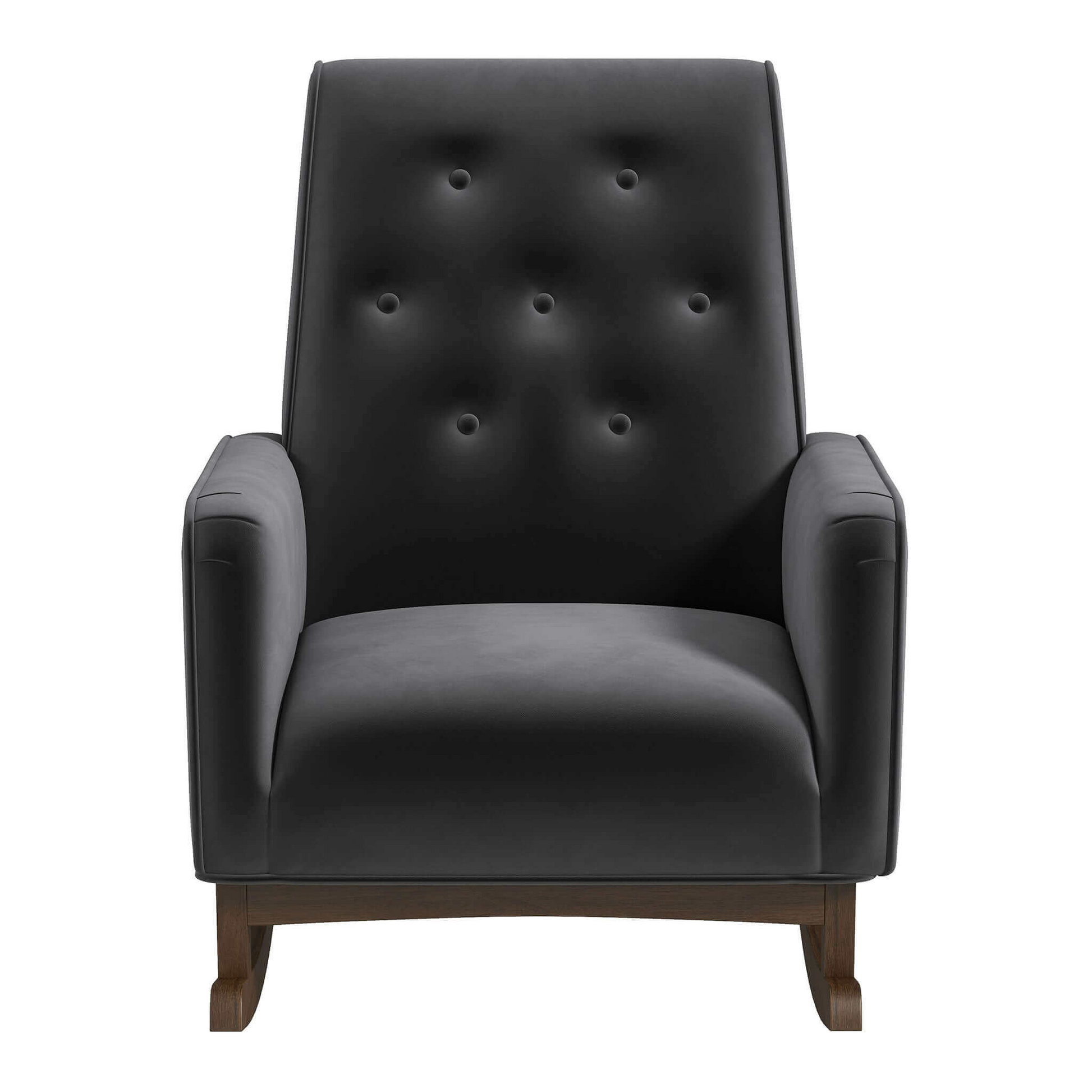Tufted charcoal velvet armchair with dark wood base and curved legs for cozy living rooms
