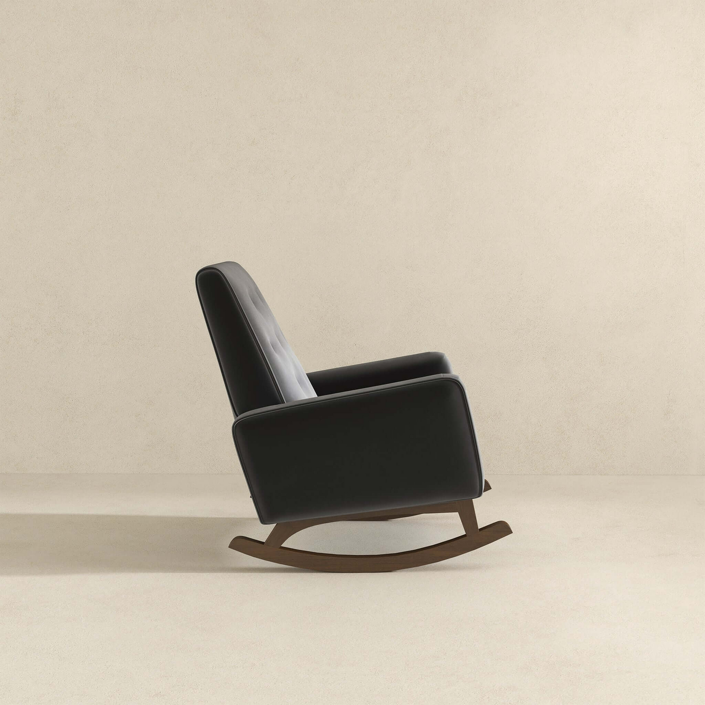 Black leather tufted armchair rocking chair with dark wood base