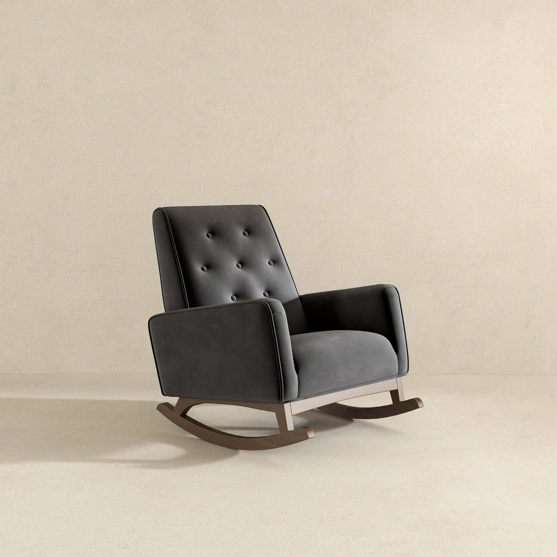 Dark grey tufted velvet modern rocking chair with wood base