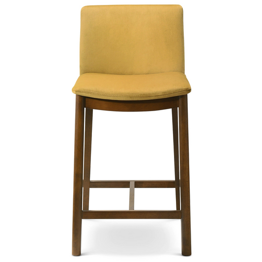 Mustard yellow upholstered modern bar stool with walnut wood frame