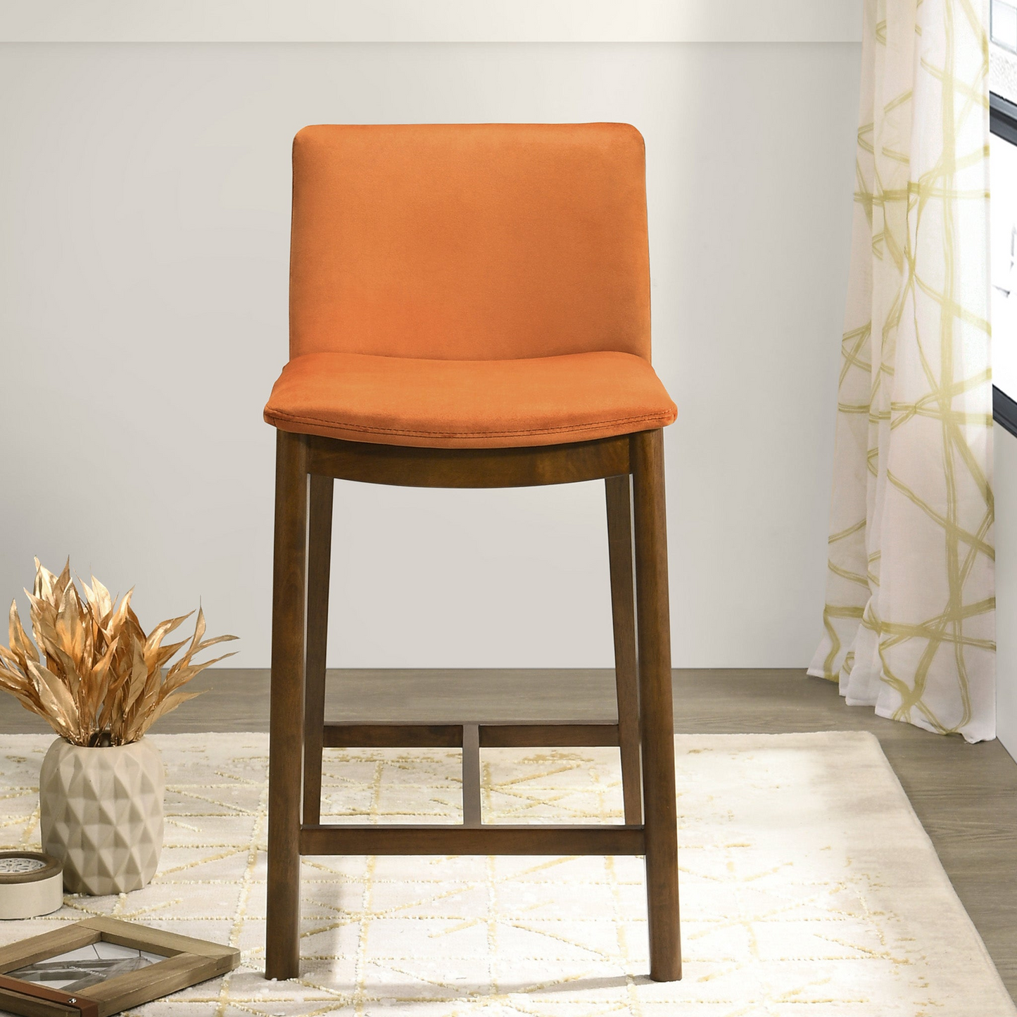 Orange upholstered bar stool with wooden legs modern kitchen seating