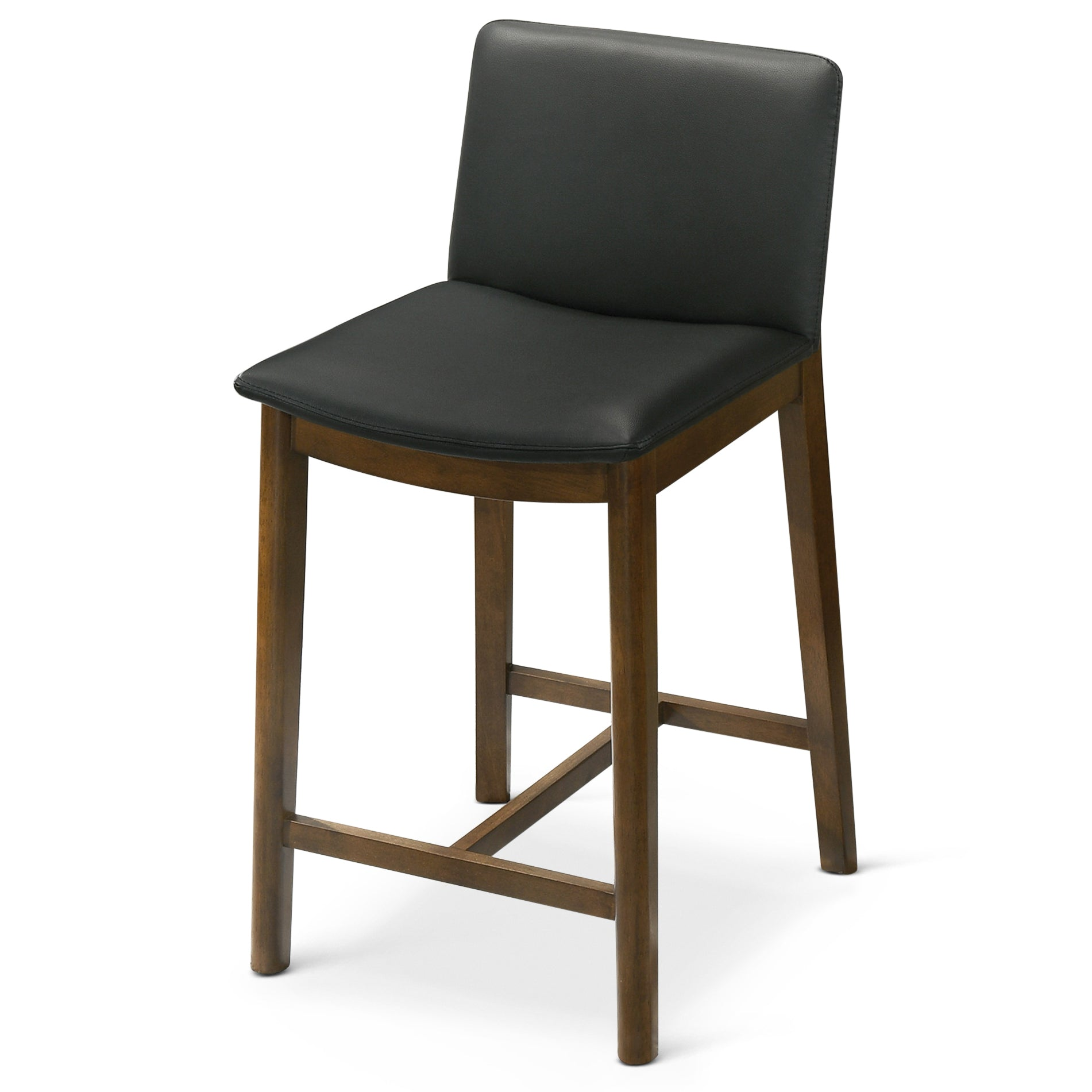 Black faux leather counter stool with warm wood legs and footrest