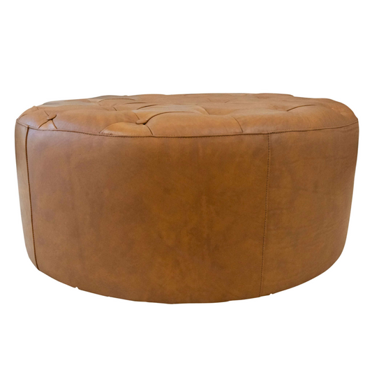 Round brown leather ottoman with tufted top detail perfect as footrest or extra seating