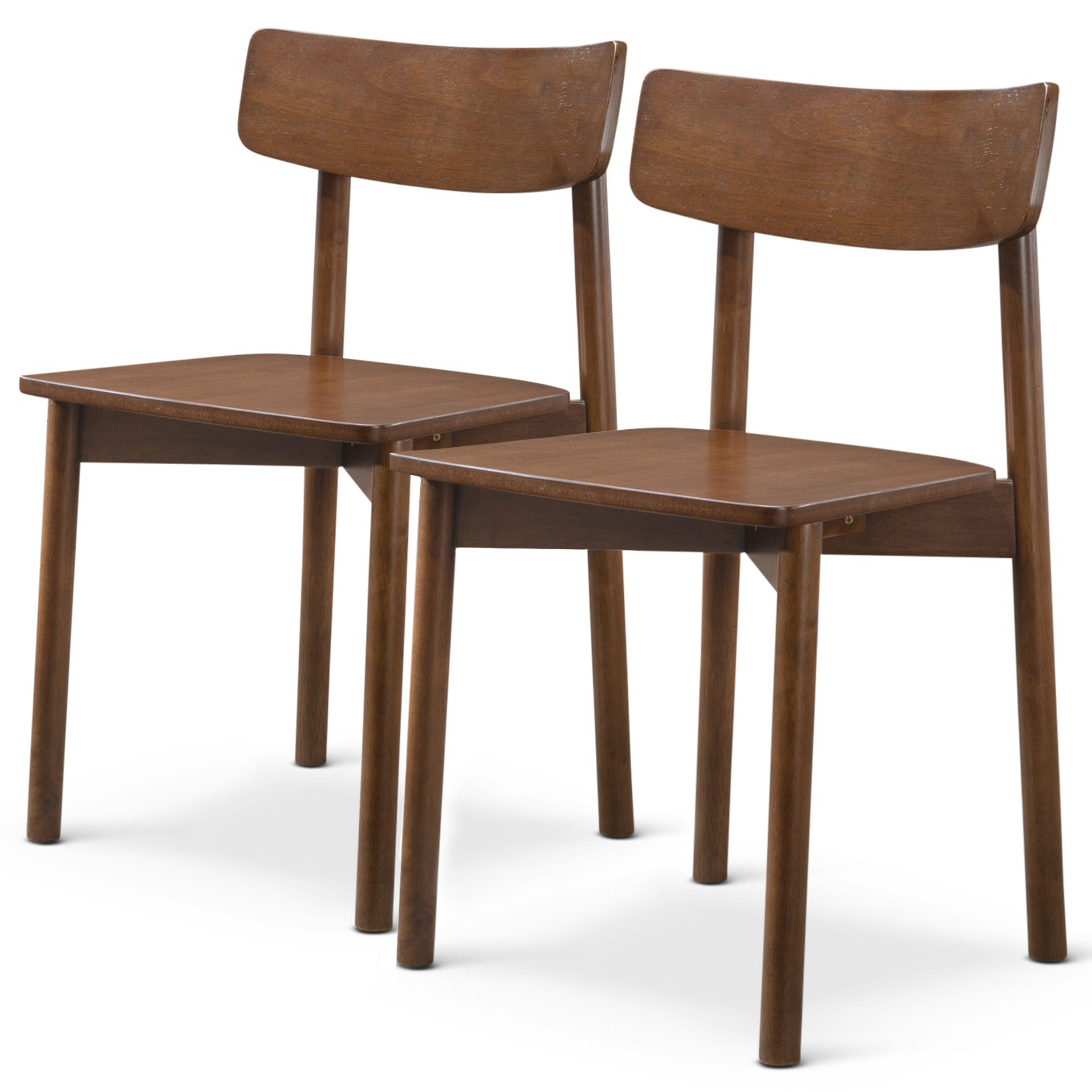 Pair of modern walnut dining chairs with curved backrests and tapered legs