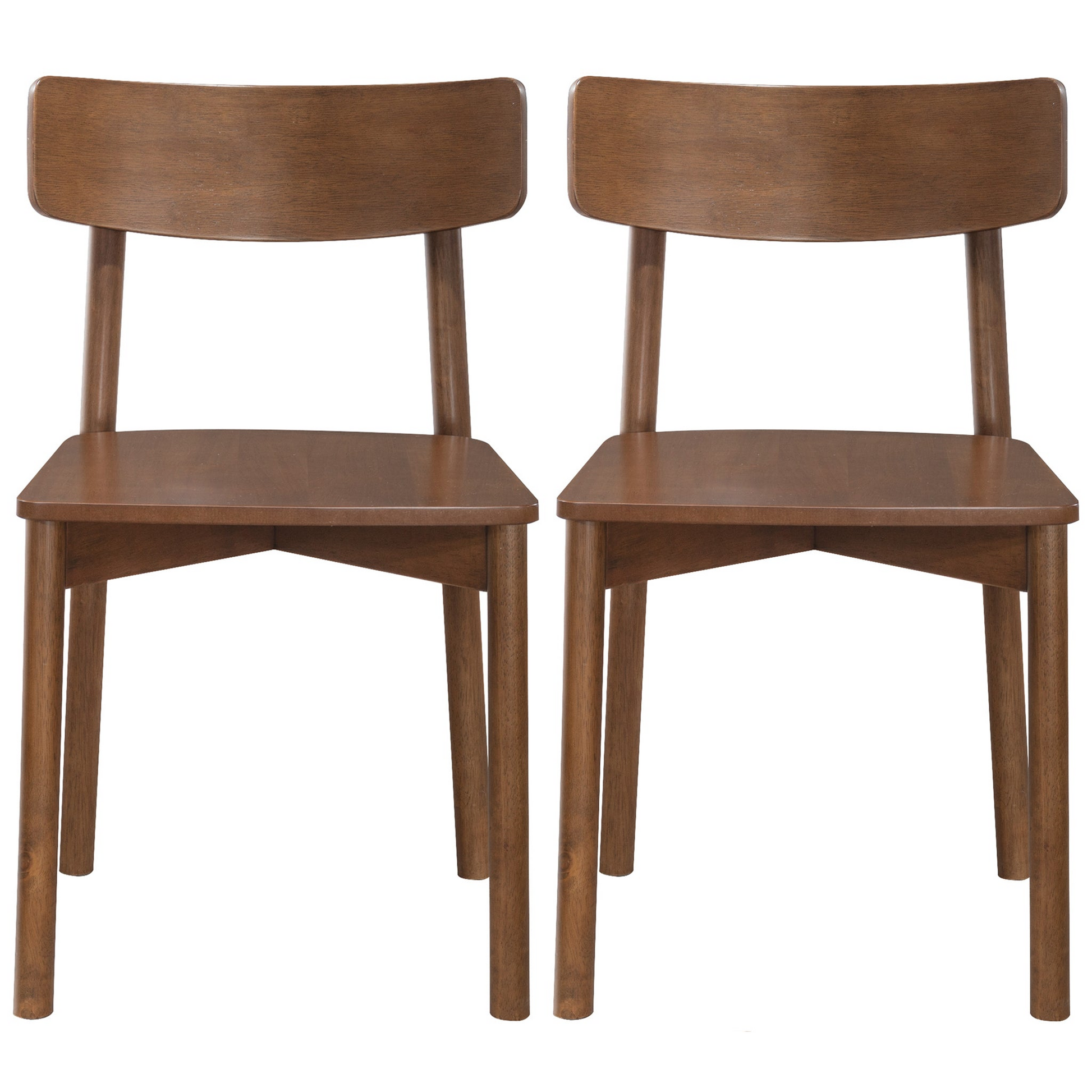 Two modern walnut wooden chairs with curved backrests perfect for dining