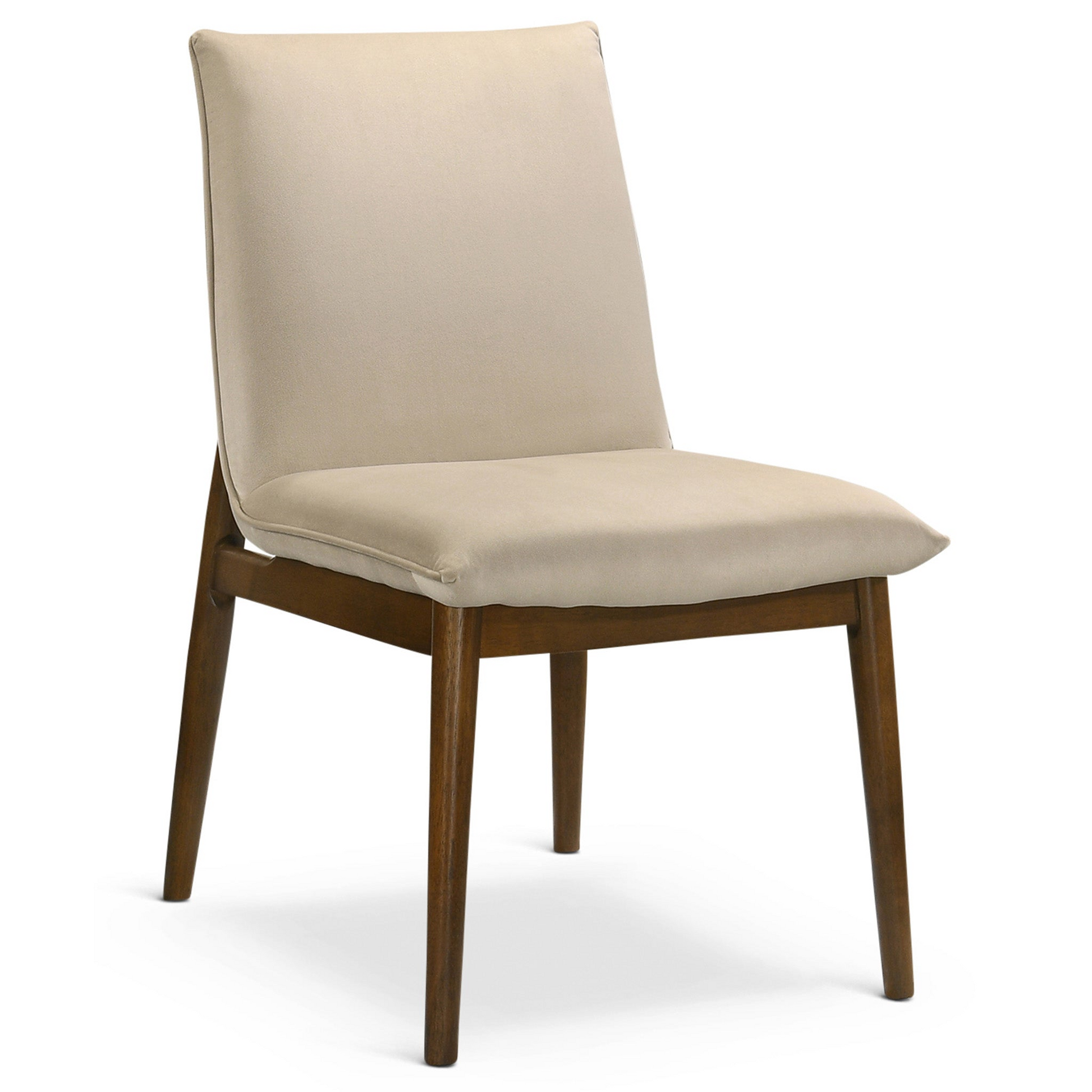 Upholstered dining chair in light beige fabric with dark wood legs