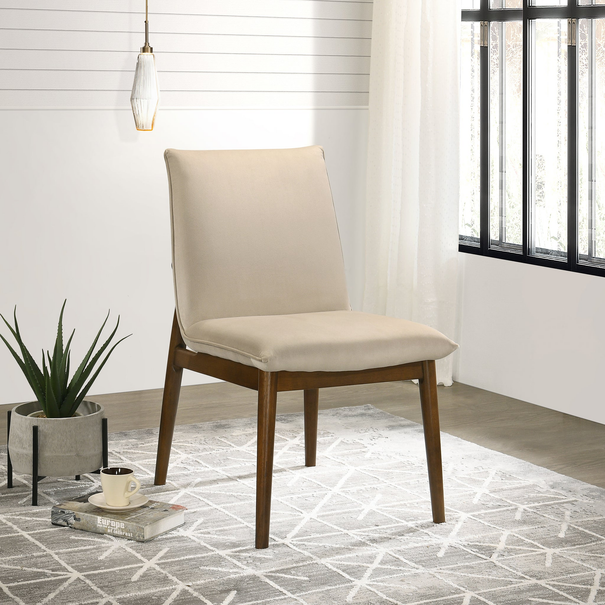 Beige upholstered dining chair with wooden legs contemporary design for modern homes