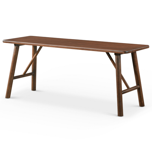 Solid wood dining bench with angled legs and a natural walnut finish perfect for modern homes