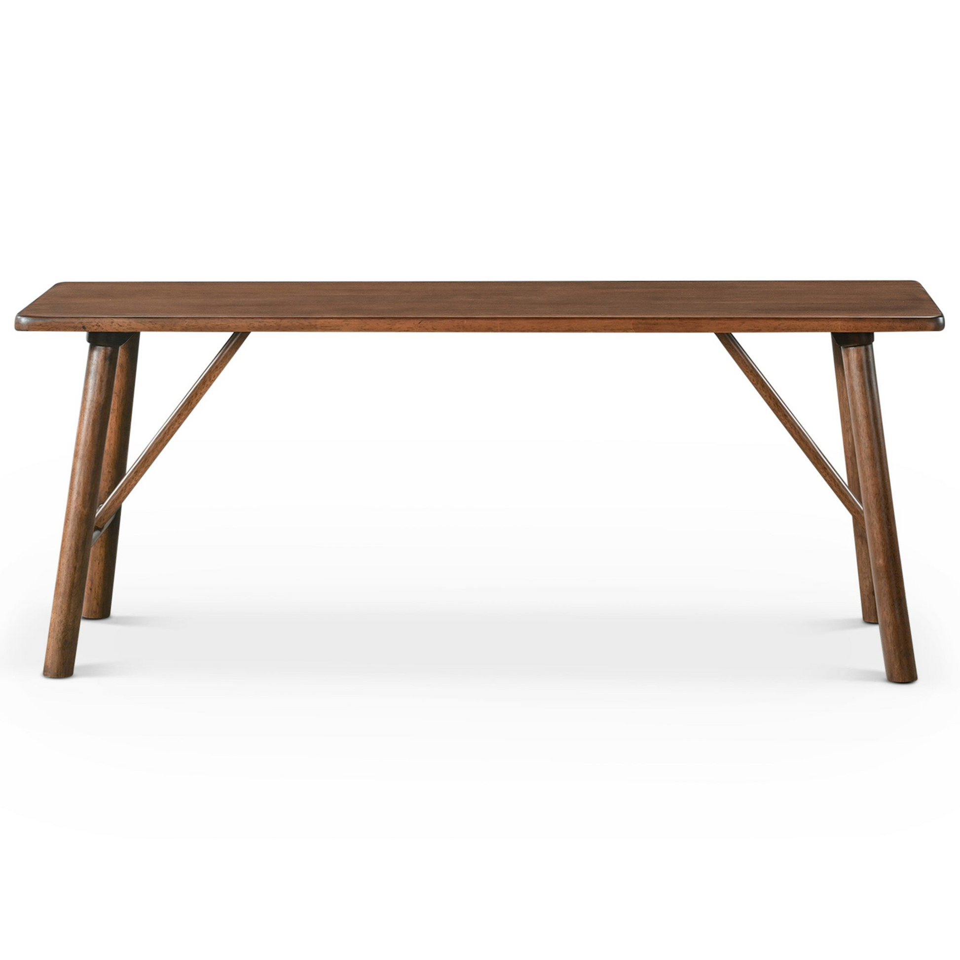 Dark walnut dining table with tapered legs and angled support midcentury modern style
