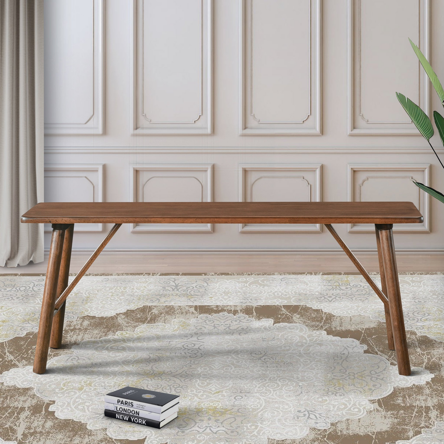 Dark wood dining bench with angled legs and a smooth rounded surface