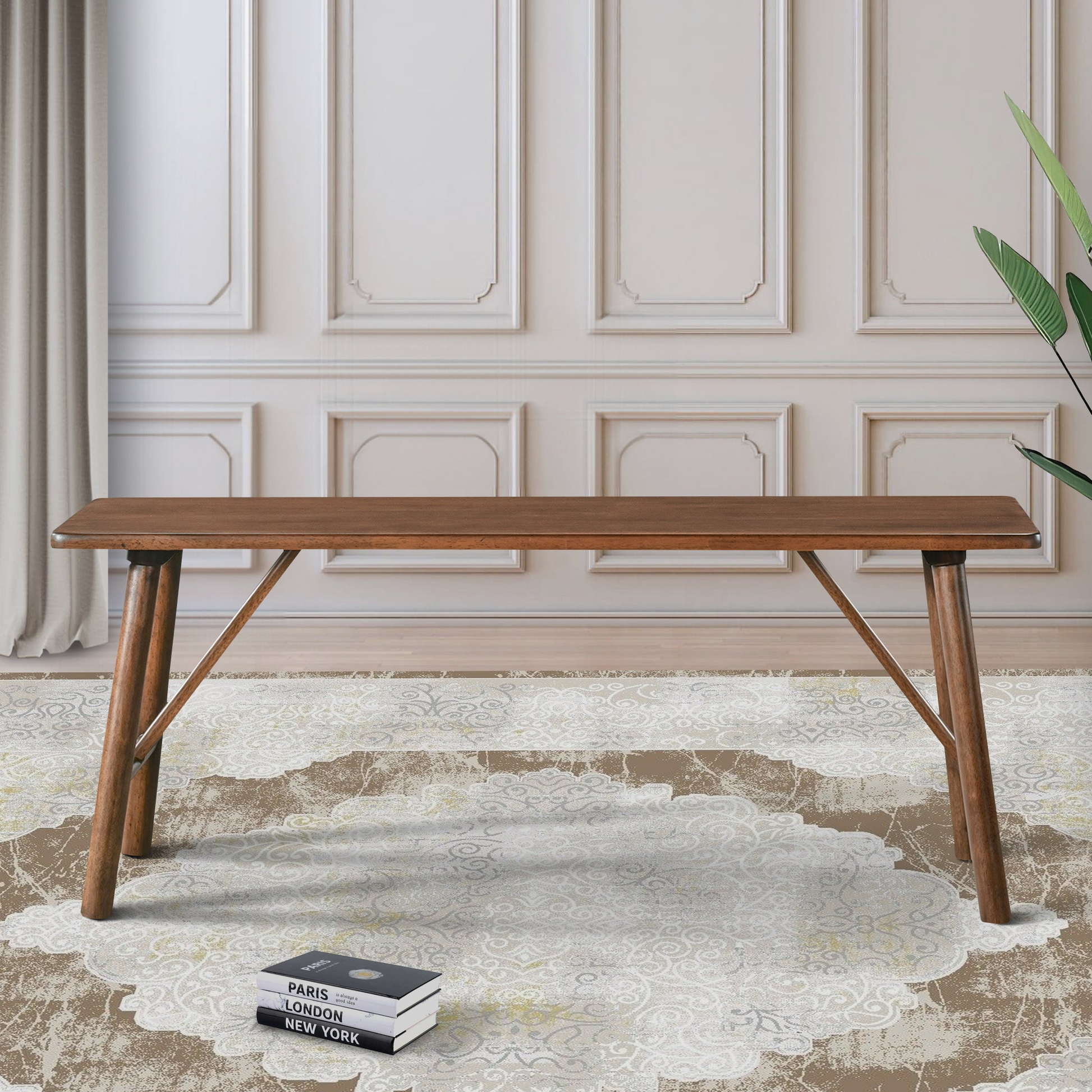 Dark wood dining bench with angled legs and a smooth rounded surface