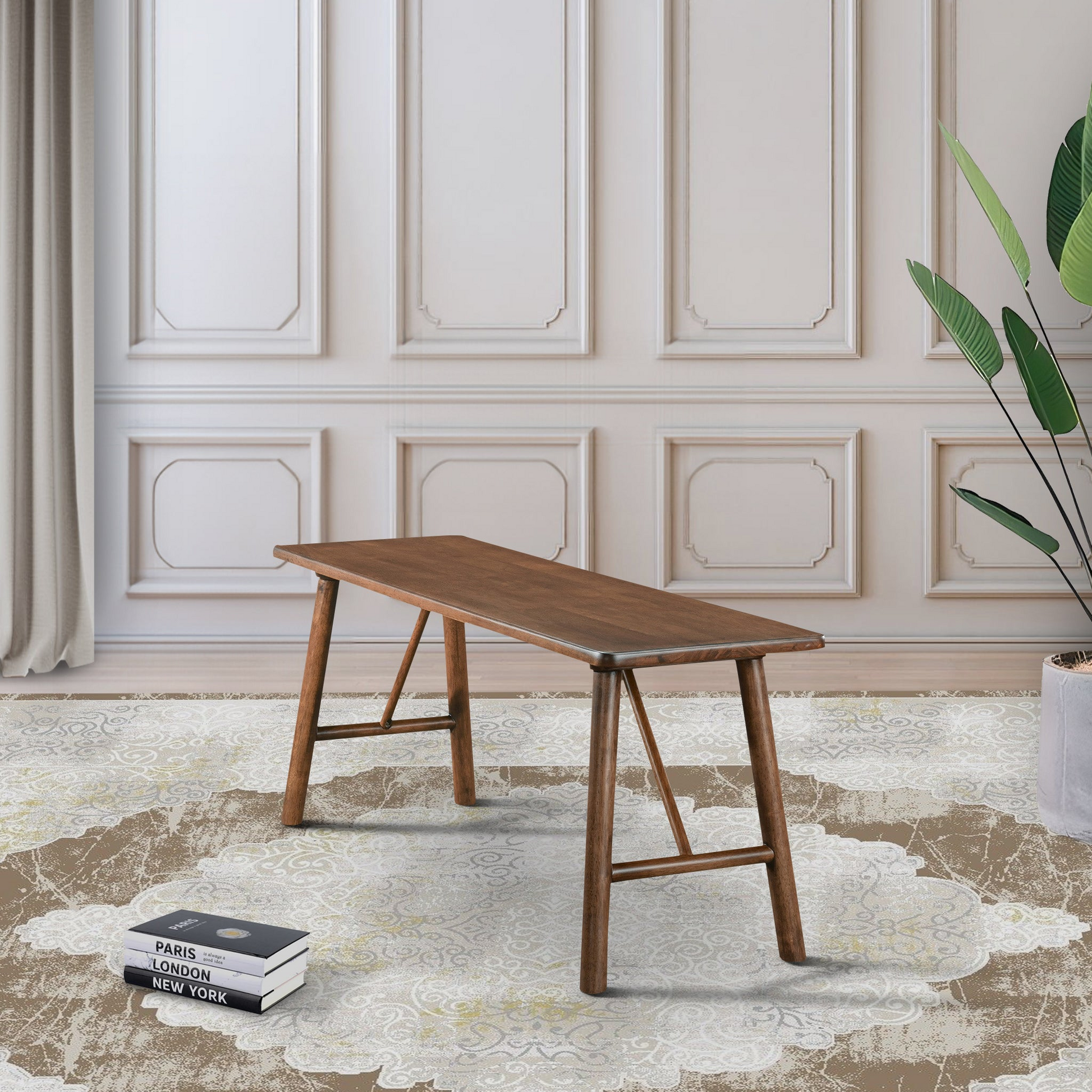 Dark wood dining bench with angled legs ideal for a modern kitchen