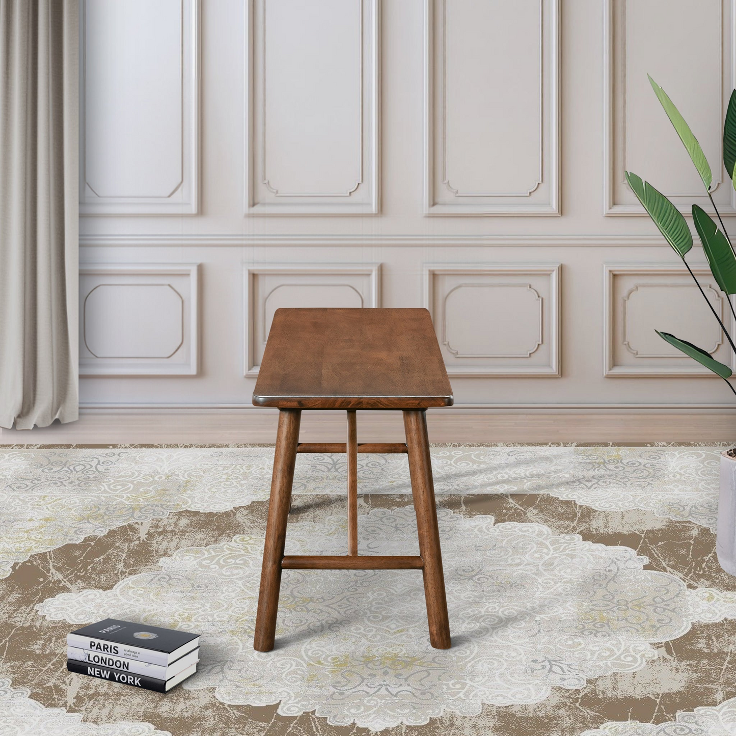 Solid wood entryway bench with tapered legs and a natural finish ideal for small spaces