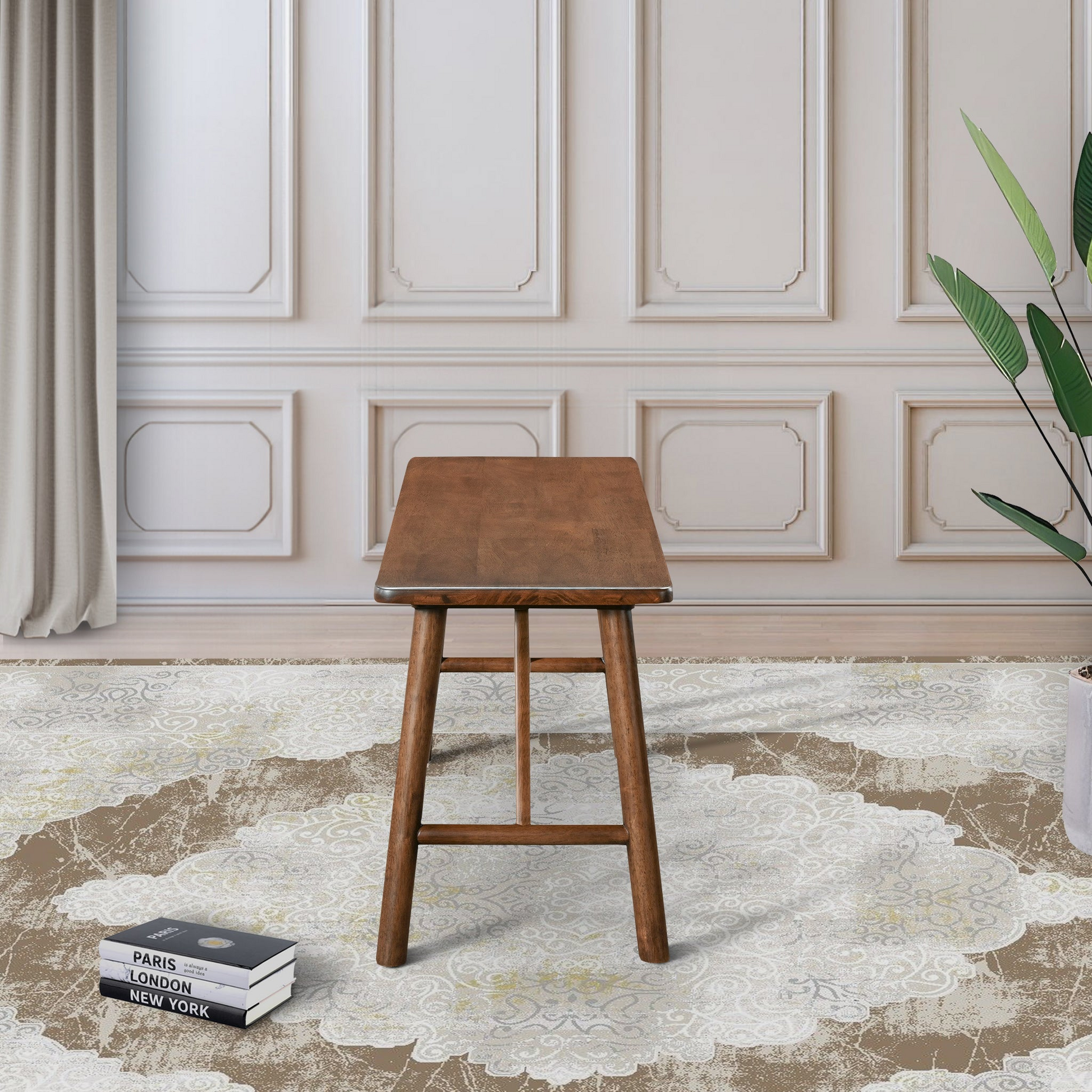 Solid wood entryway bench with tapered legs and a natural finish ideal for small spaces