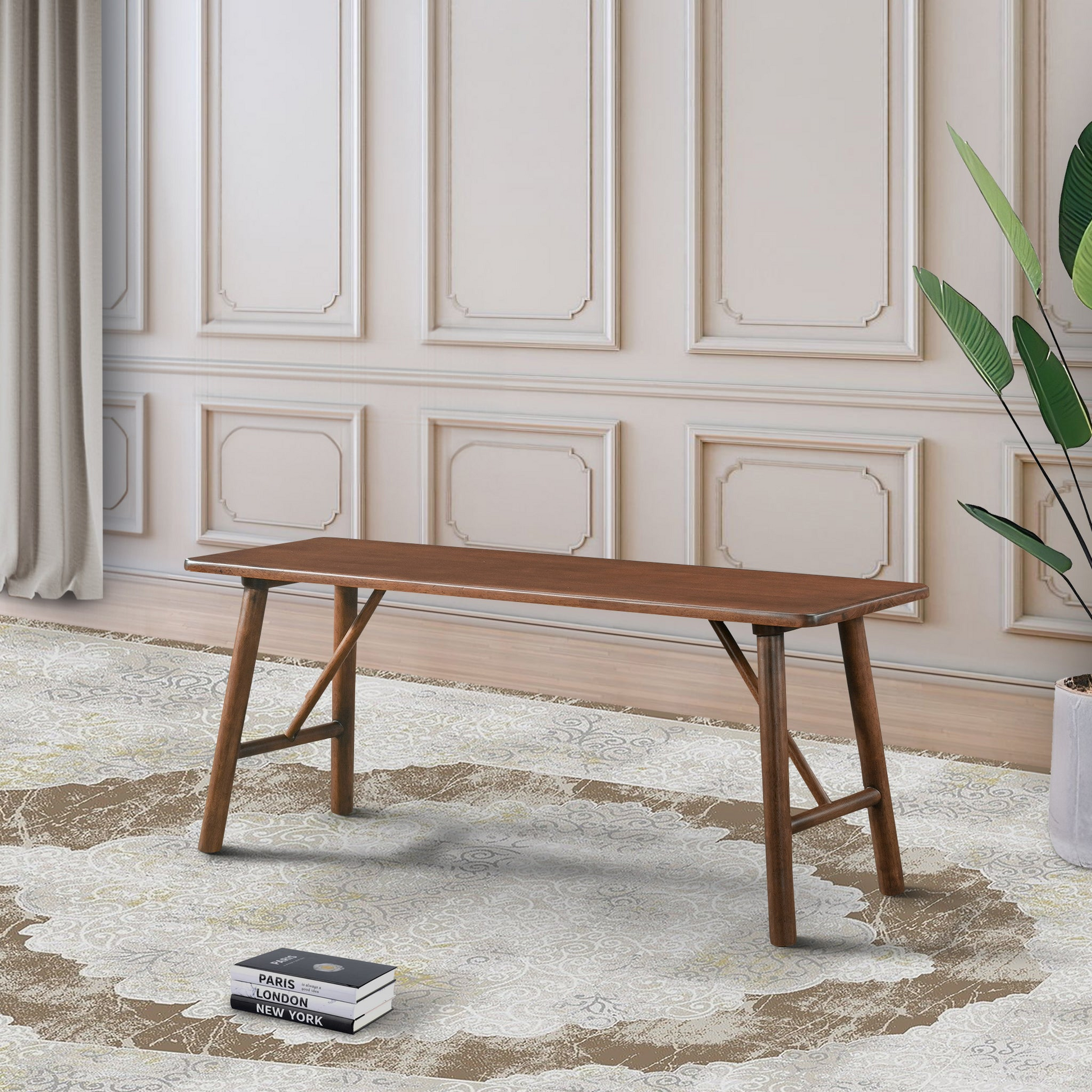Midcentury modern walnut wood dining bench with angled legs