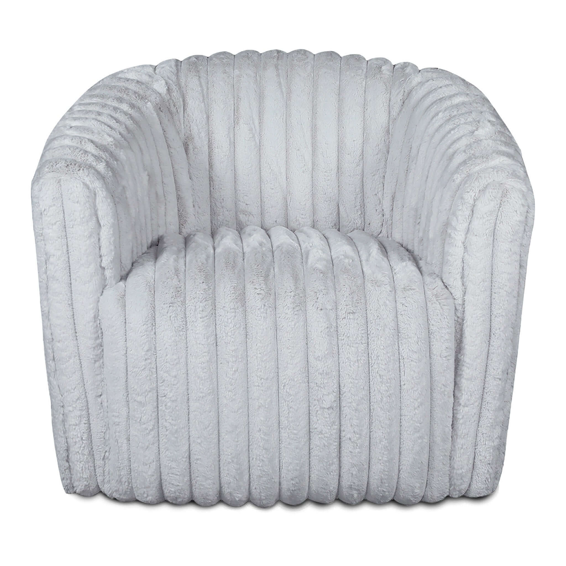 Plush gray armchair with vertical channel tufting for cozy seating