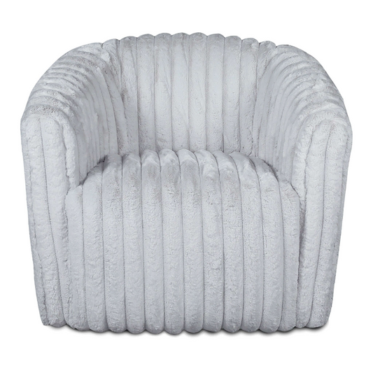 Plush gray armchair with vertical channel tufting for cozy seating