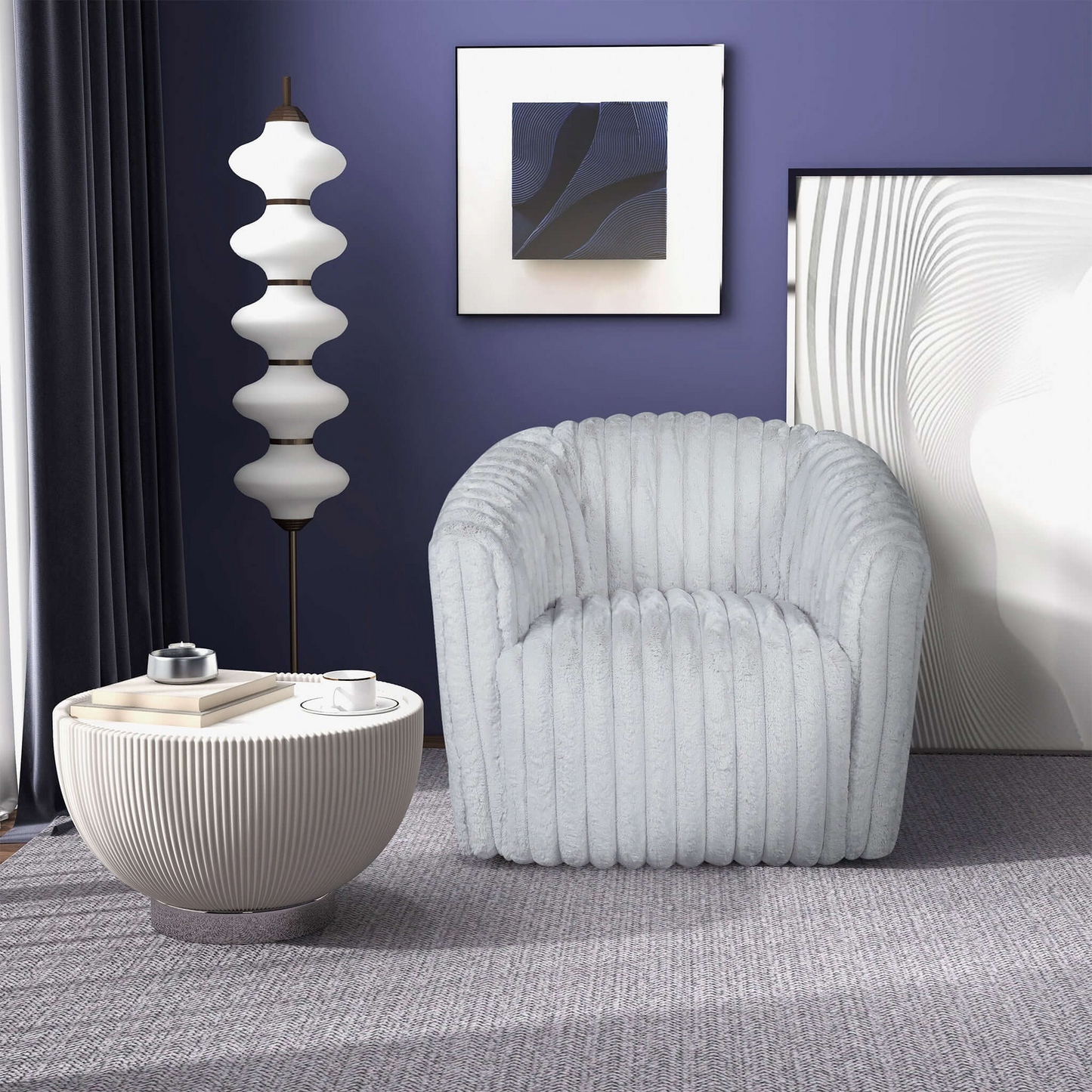 Plush light gray armchair with vertical ribbed texture perfect for a cozy reading nook