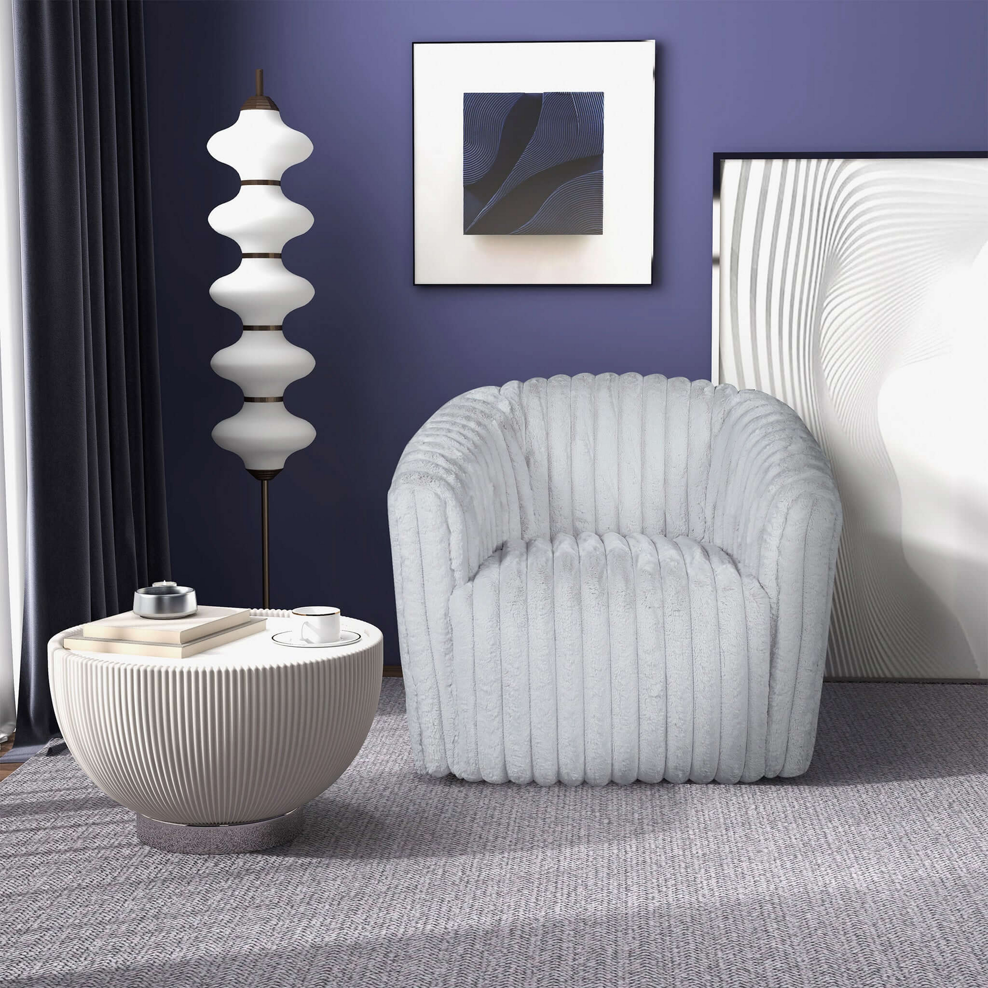 Plush light gray armchair with vertical ribbed texture perfect for a cozy reading nook