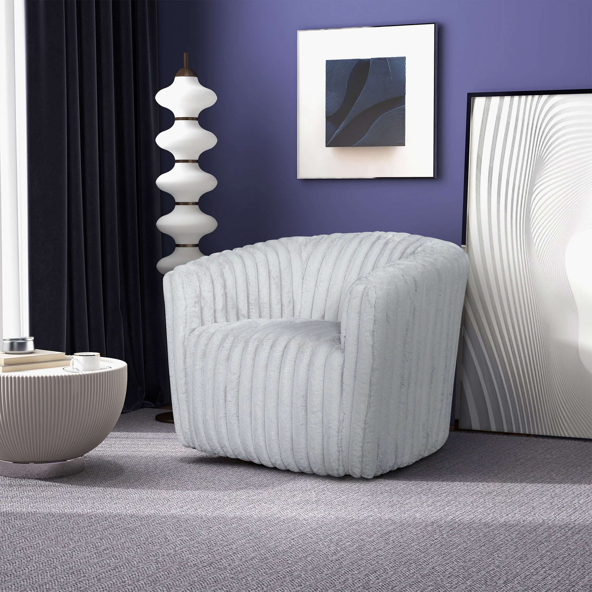 Plush white barrel chair with vertical ribbing perfect for a cozy reading nook
