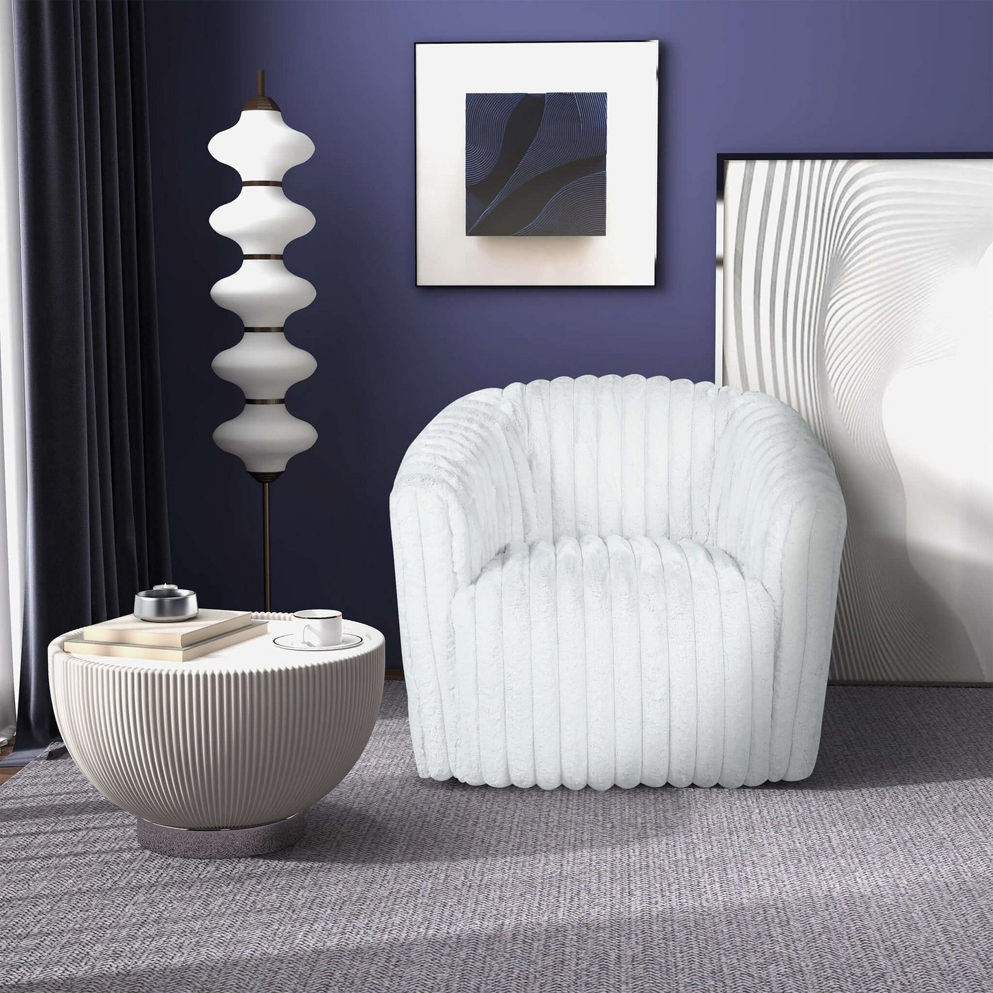 Plush white accent chair with vertical ribbed texture perfect for modern living rooms