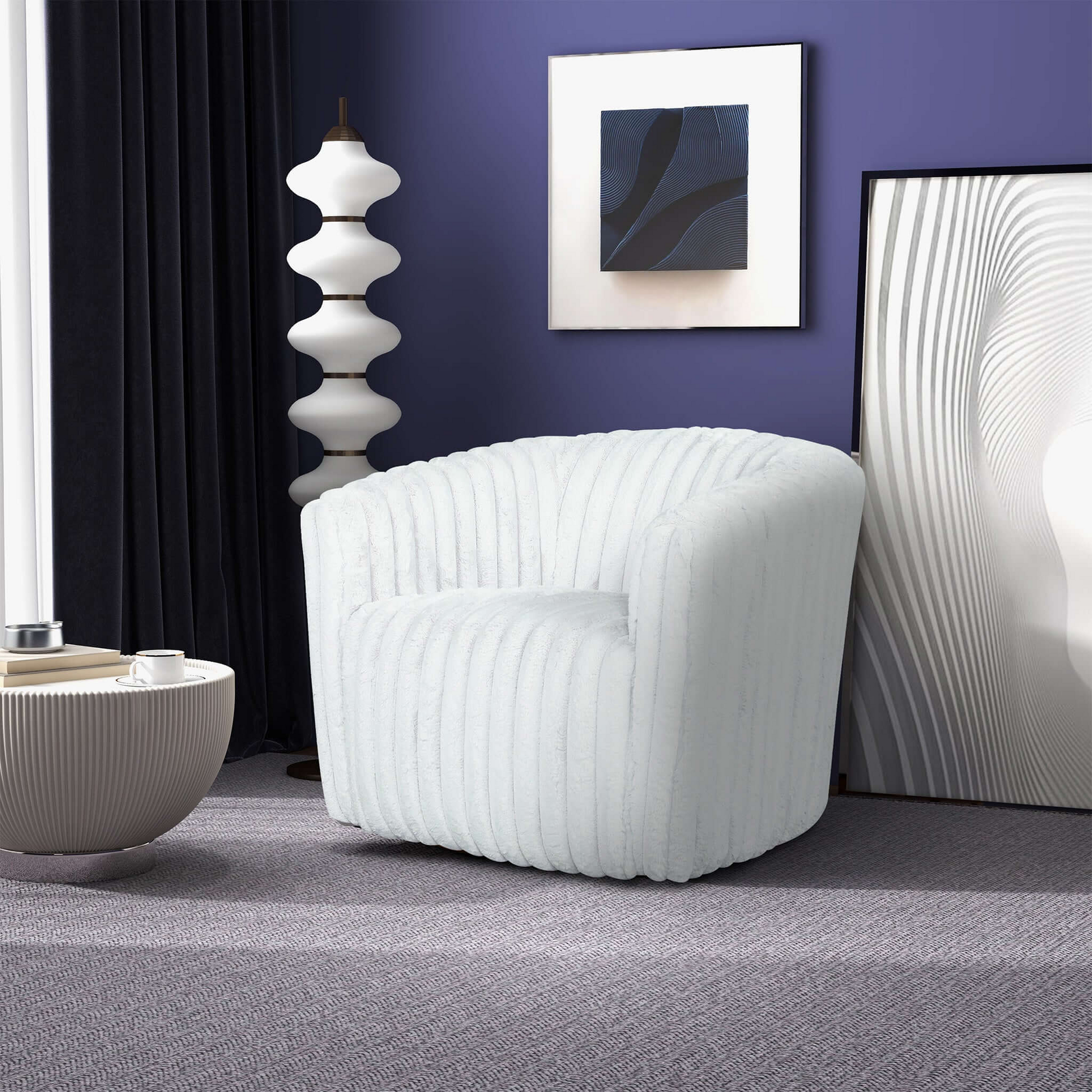 Plush white accent chair with ribbed texture and rounded silhouette