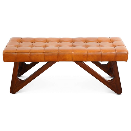 Tan leather tufted bench with dark wood geometric legs perfect accent piece