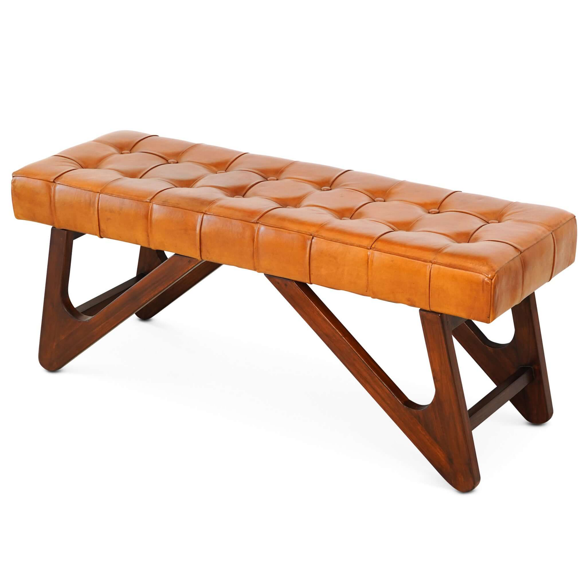 Tufted cognac leather bench with modern dark wood frame for entryway seating