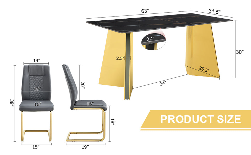 Modern grey upholstered dining chair with gold metal cantilever legs Dimensions H x W x D