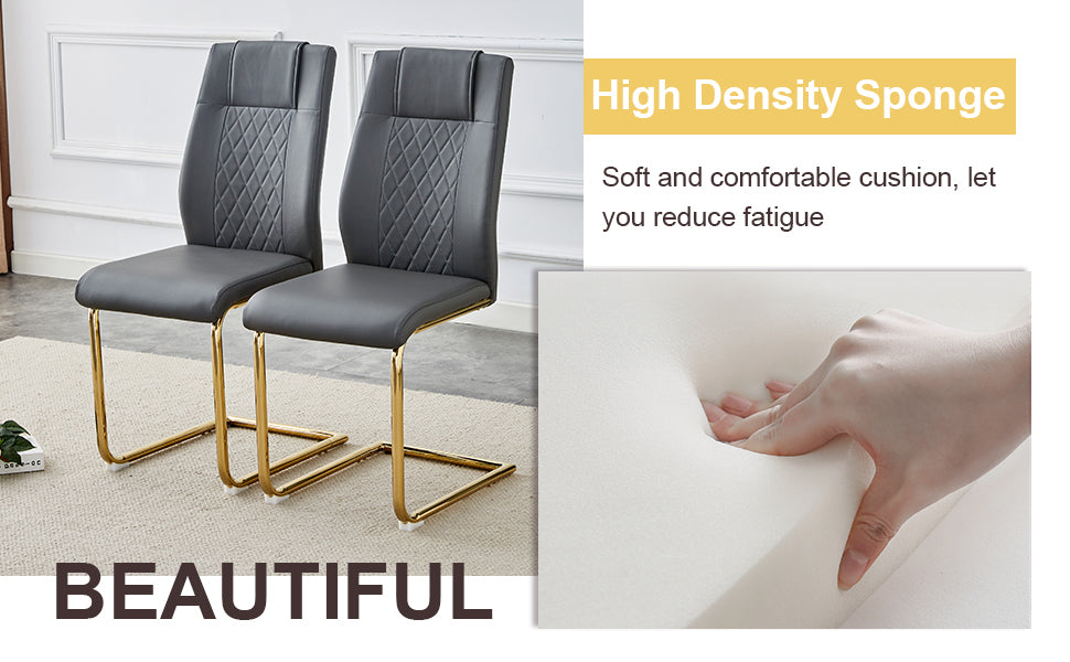 Two modern gray dining chairs with diamond tufting and gold metal sled legs