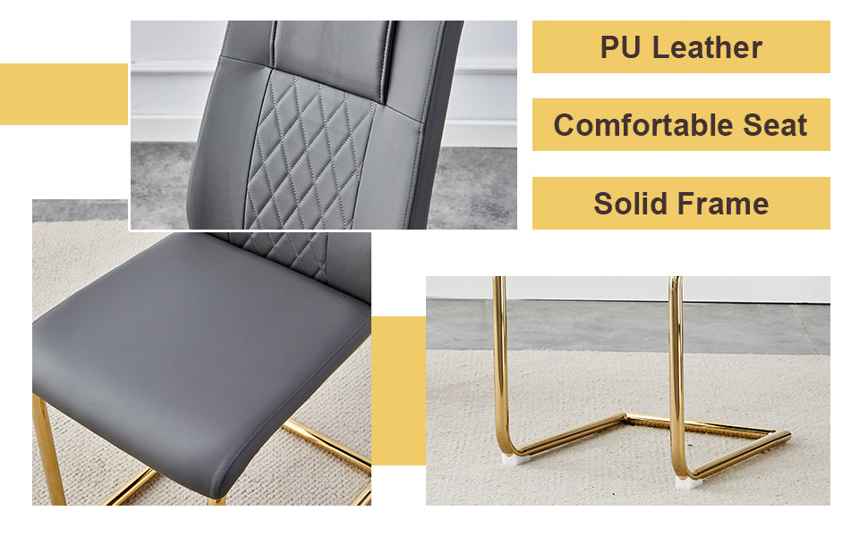 Gray PU leather dining chair with diamond stitching and gold metal legs
