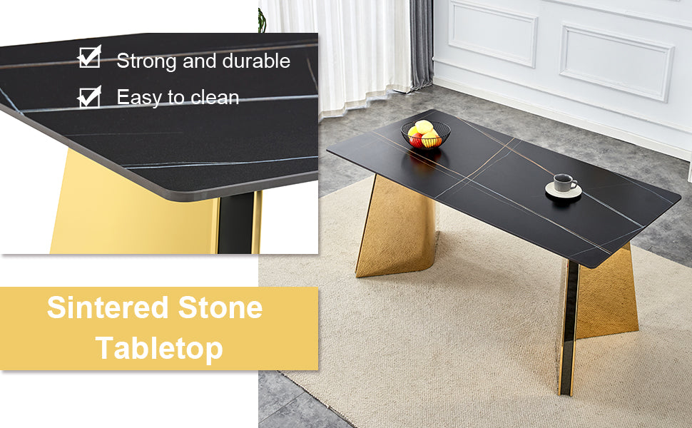 Black sintered stone tabletop with gold geometric legs a modern dining table