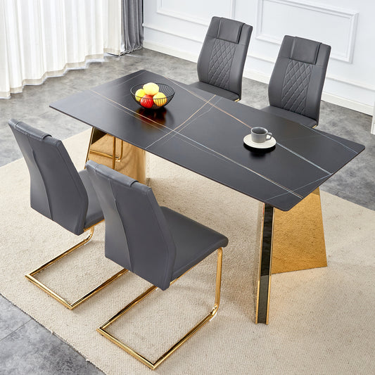 Modern rectangular dining table with black marble top and gold base