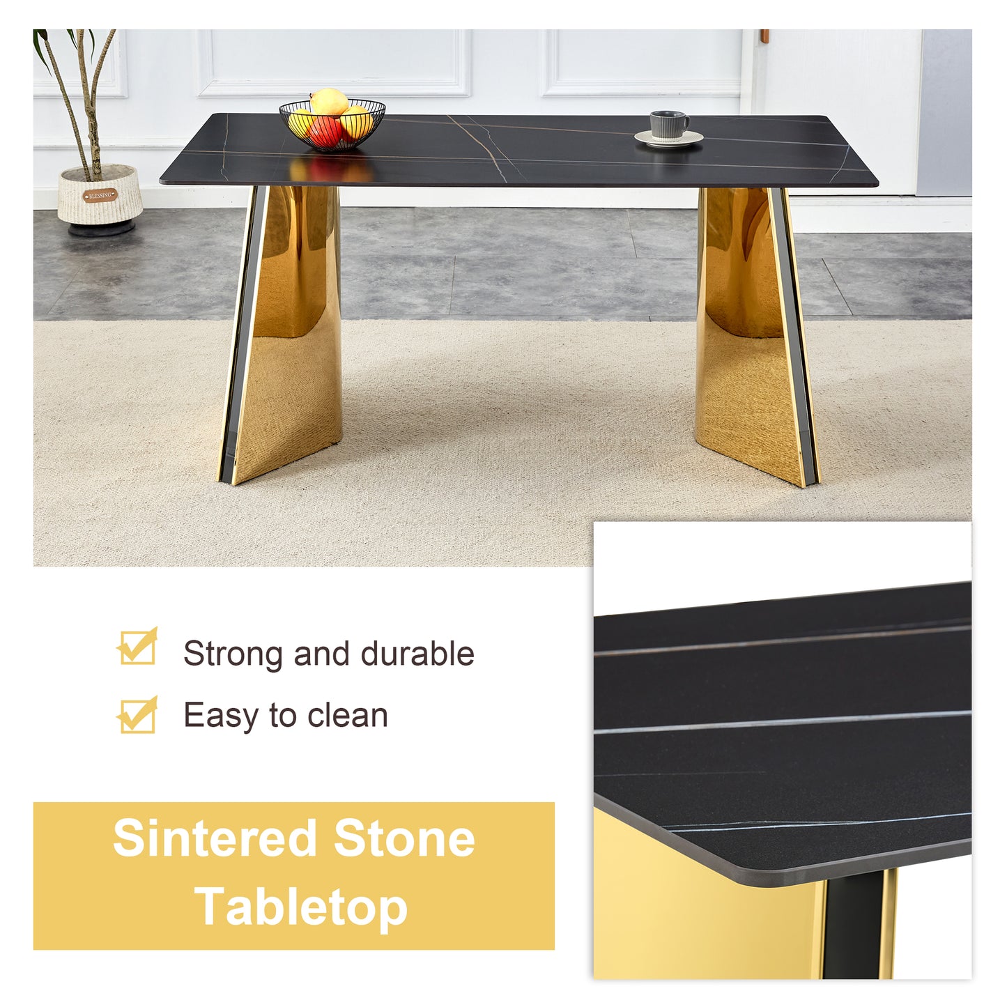Rectangular black sintered stone dining table with gold pedestal legs