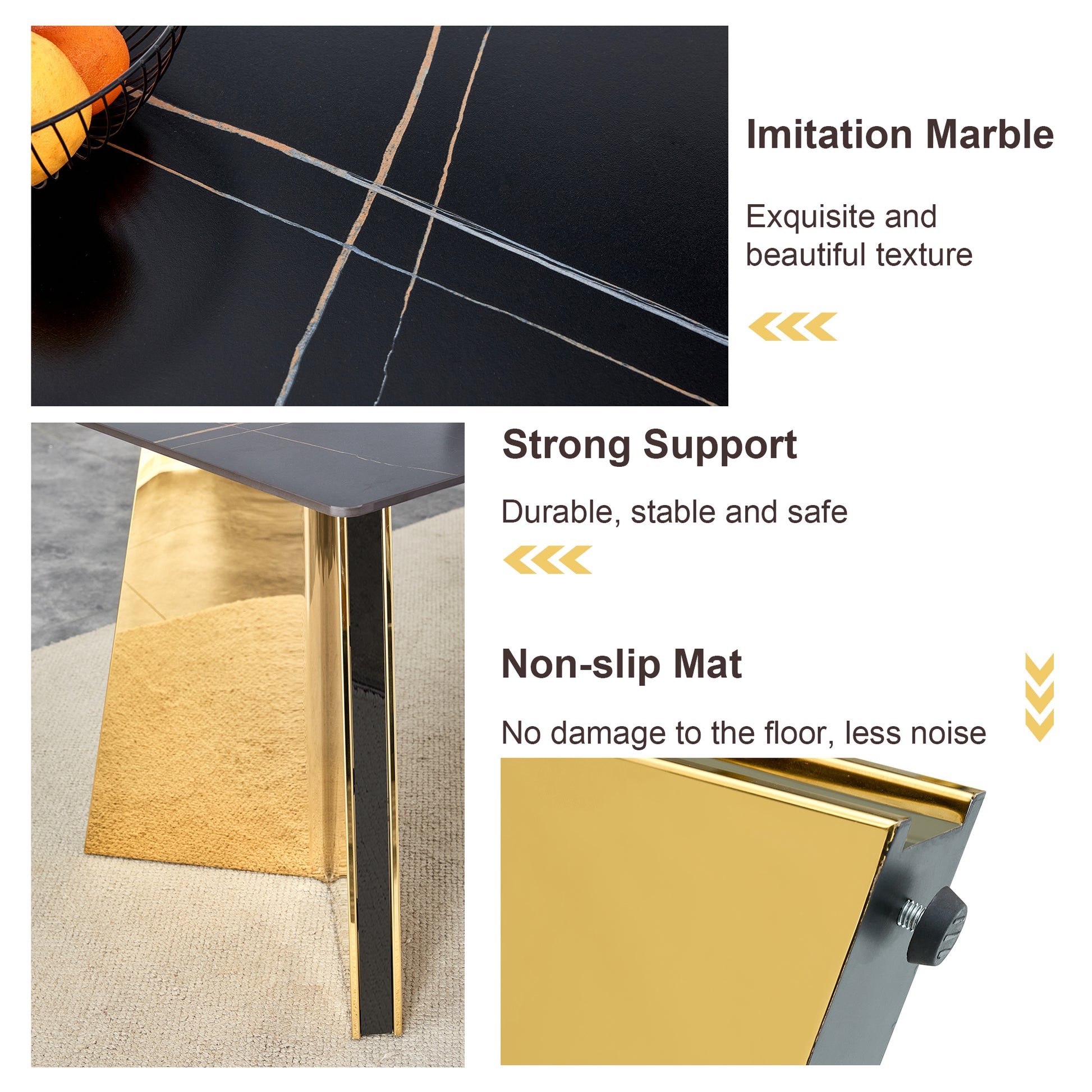 Black imitation marble tabletop with gold veining perfect for modern dining tables