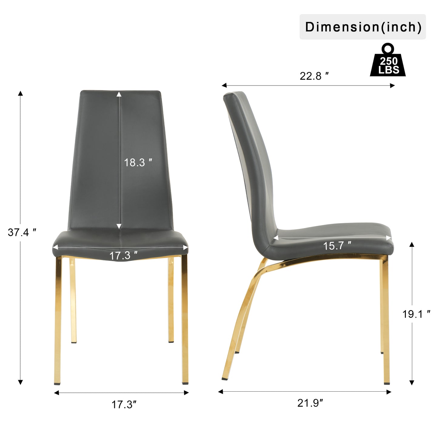 Modern gray faux leather dining chair with gold metal legs  inches tall