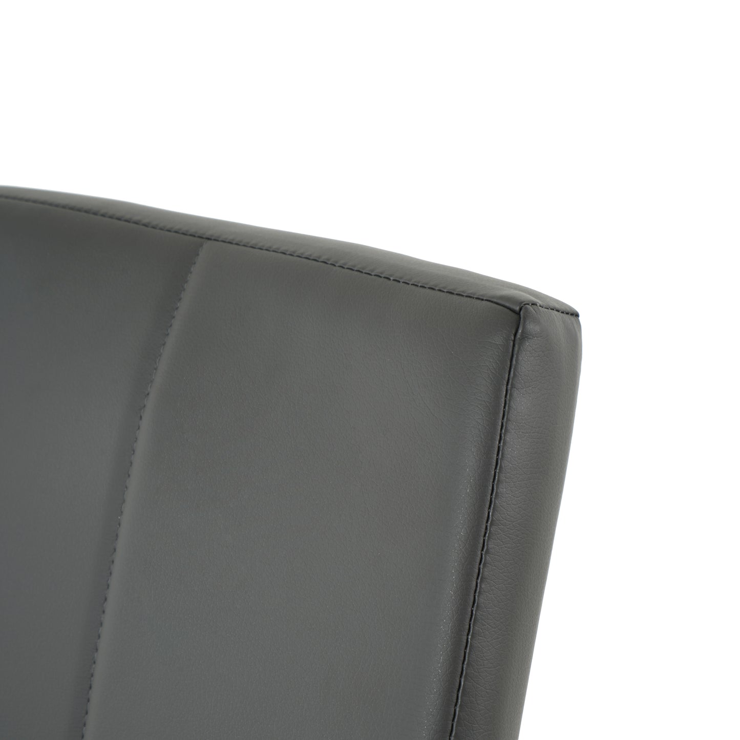 Dark gray faux leather chair back with visible stitching details