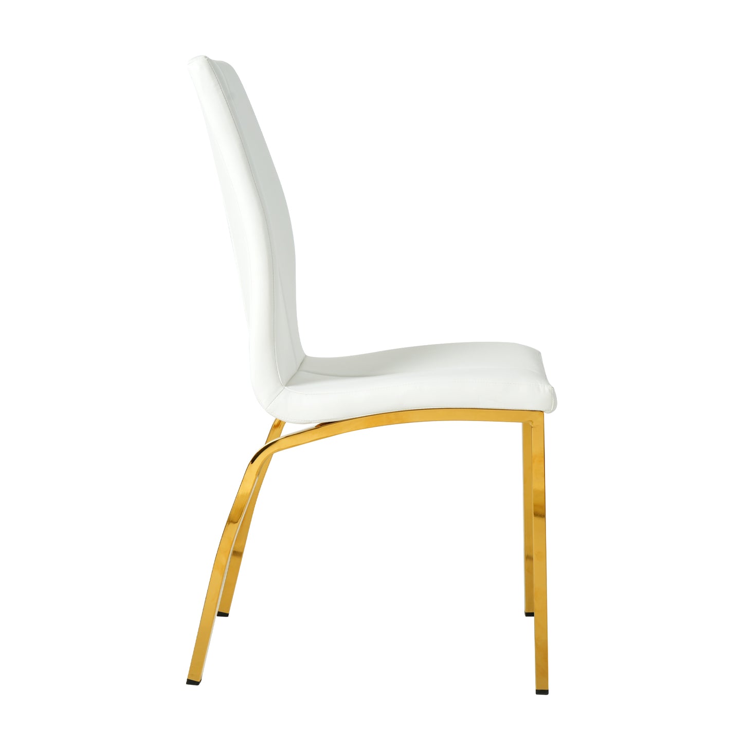 Modern white leather dining chair with polished gold metal legs