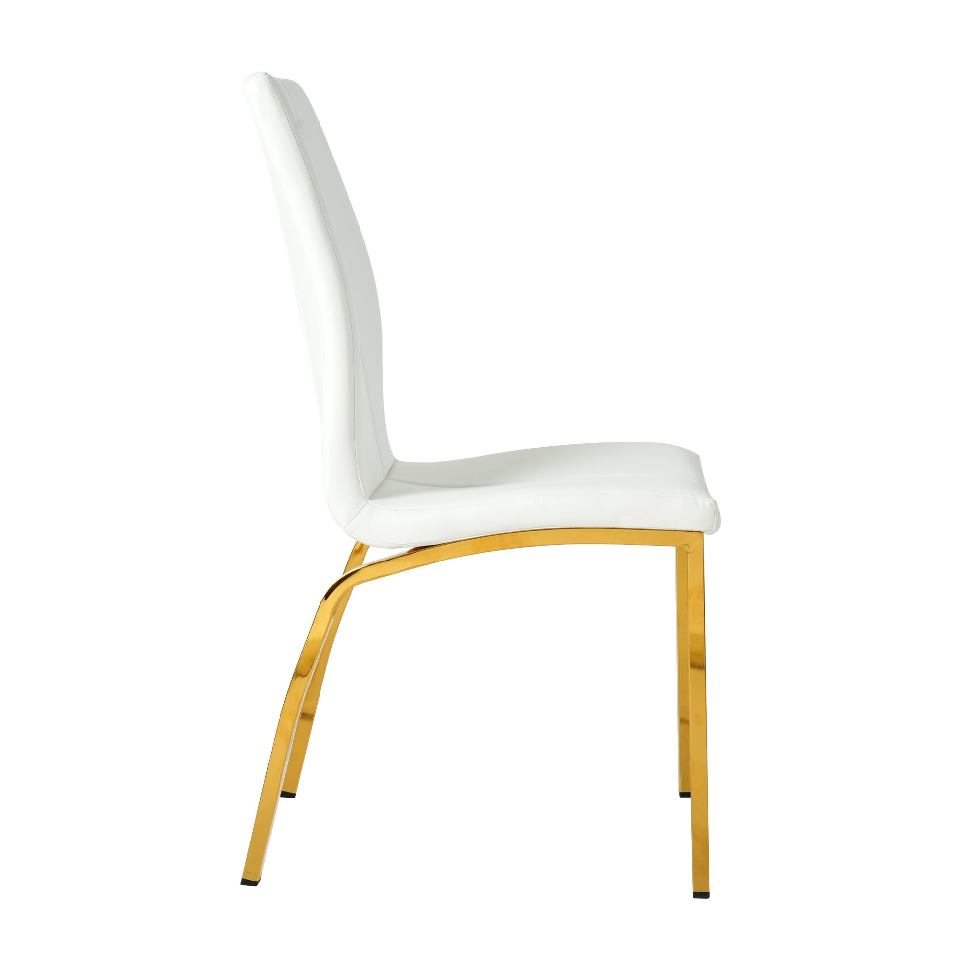 Modern white leather dining chair with polished gold metal legs