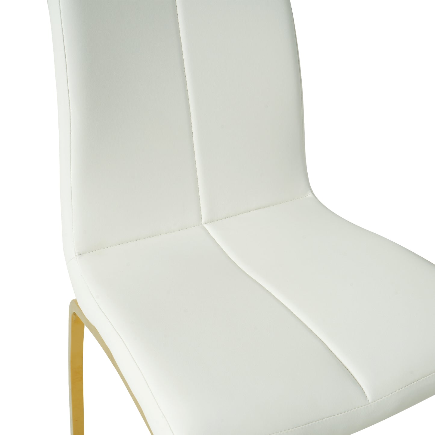 Closeup of a white faux leather dining chair seat with gold metal legs featuring stitched panel details for modern elegance