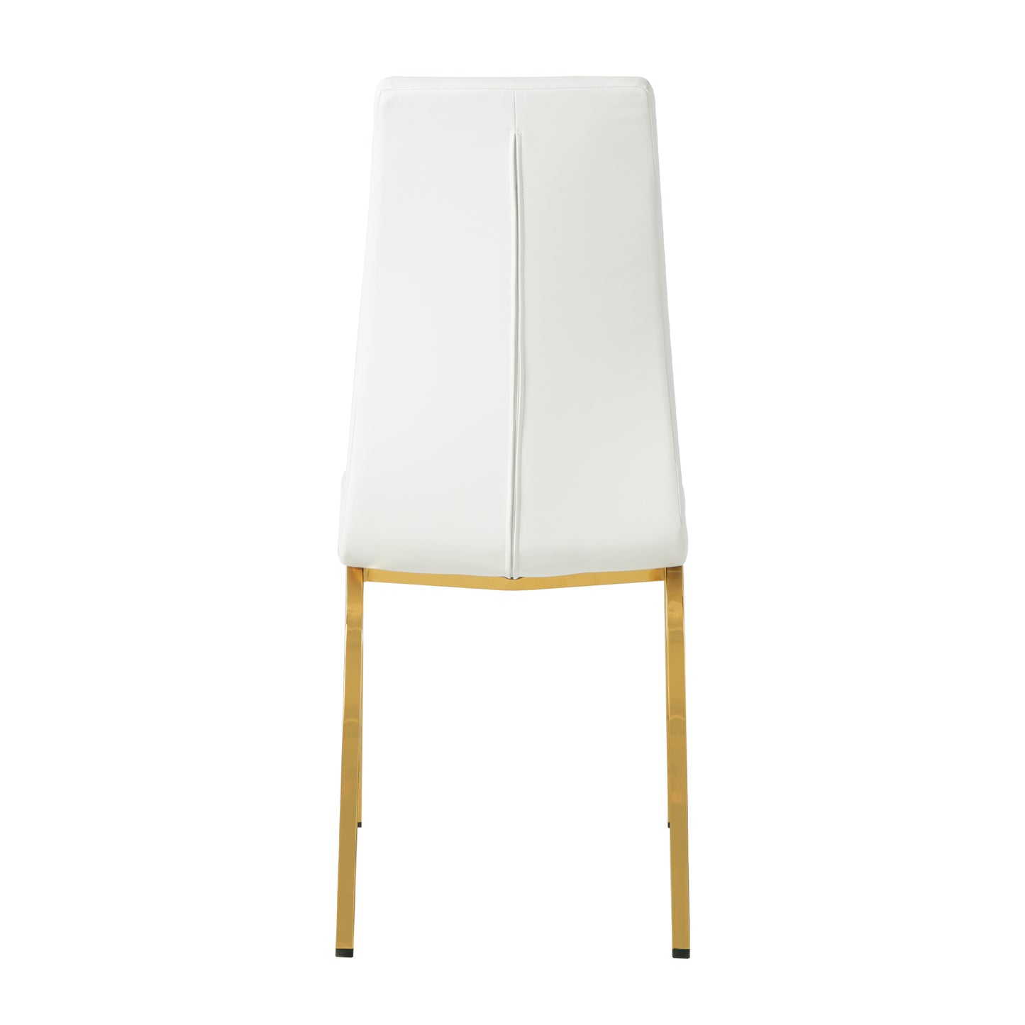 Modern white dining chair with gold metal legs upholstered in smooth faux leather