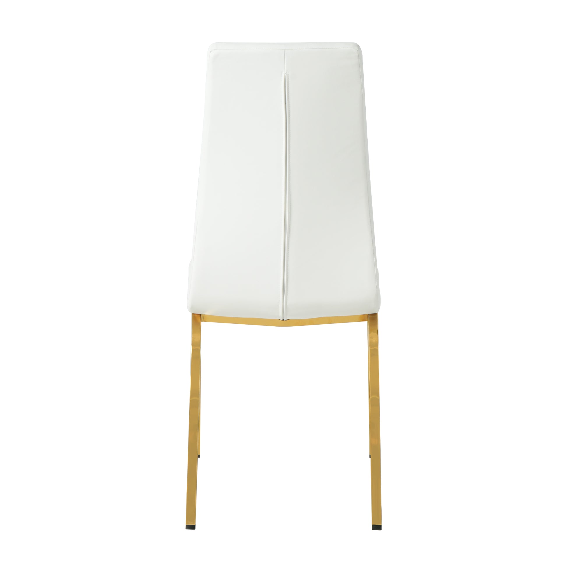 Modern white dining chair with gold metal legs upholstered in smooth faux leather