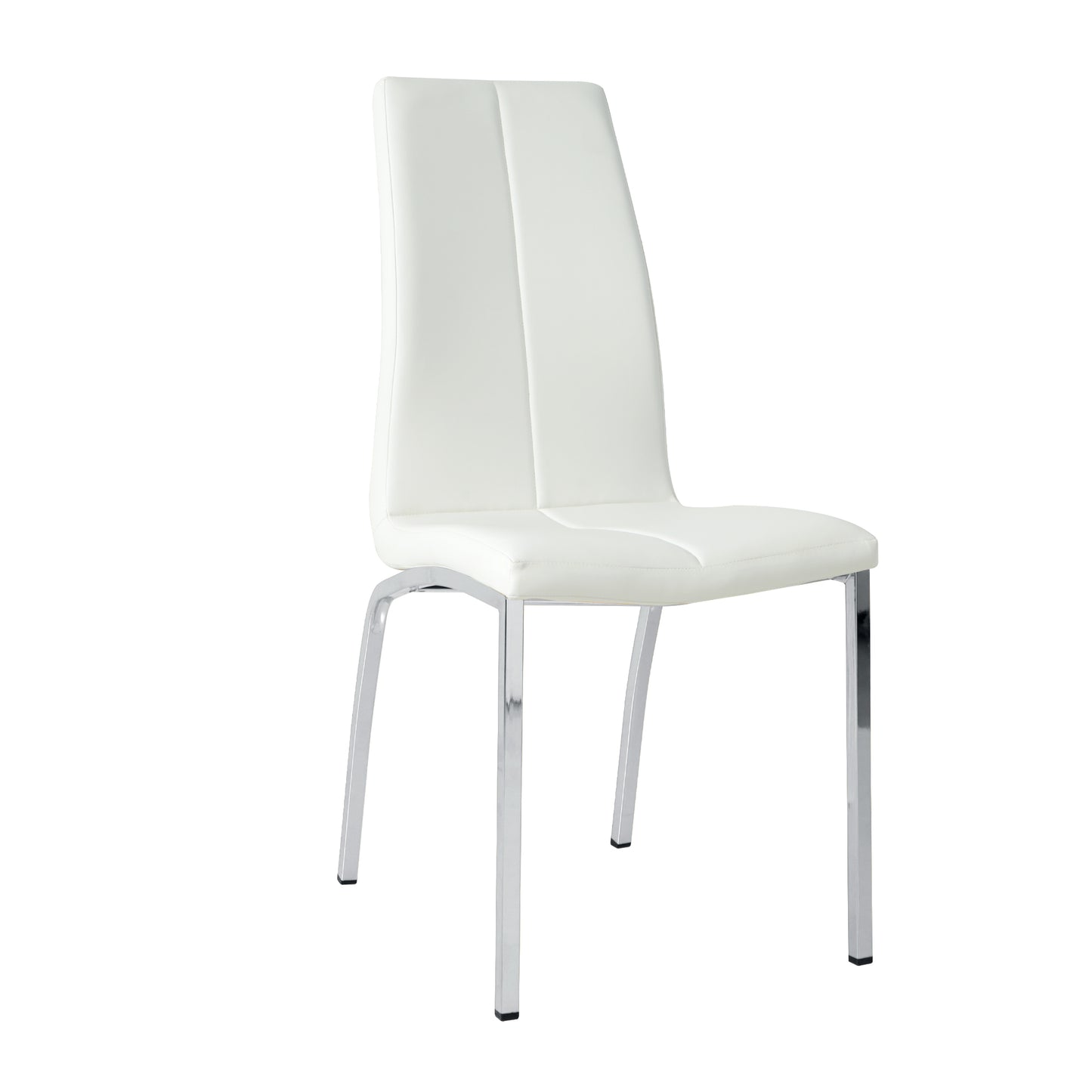 Modern white faux leather dining chair with chrome legs and stitched detailing
