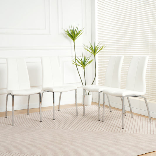 Four white modern dining chairs with chrome legs arranged on a striped rug