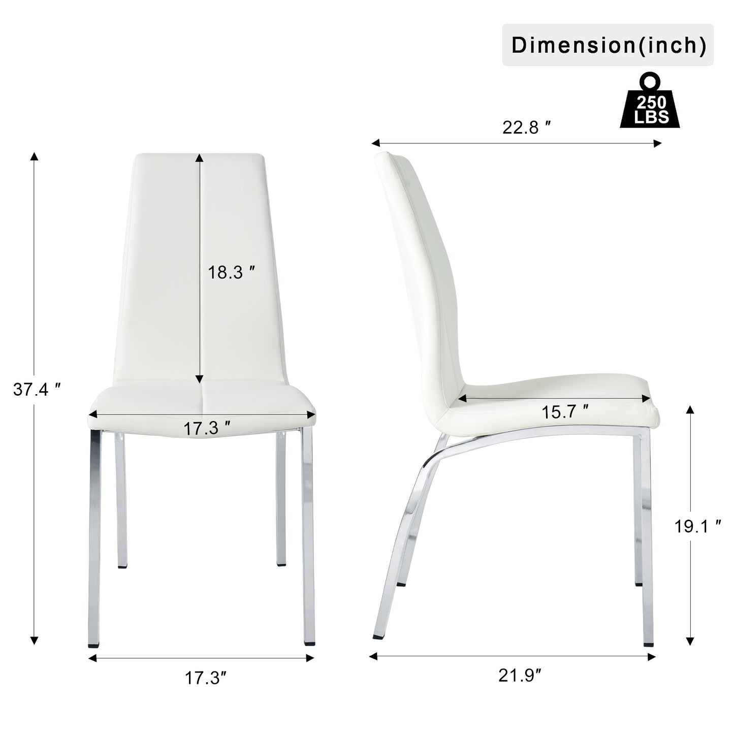 White faux leather dining chair with chrome legs  inches high