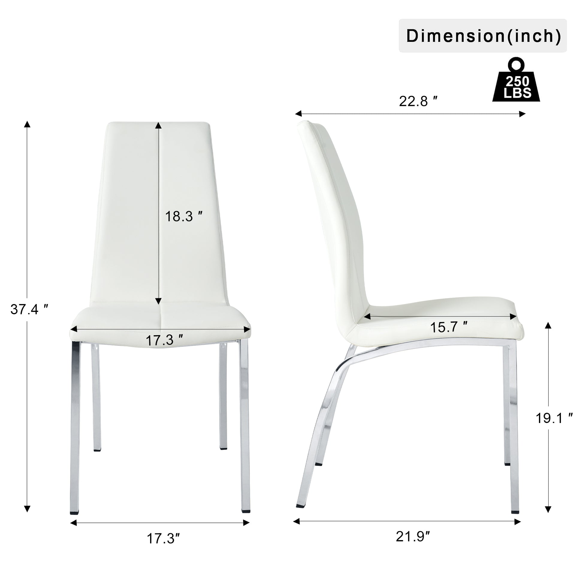 White faux leather dining chair with chrome legs  inches high
