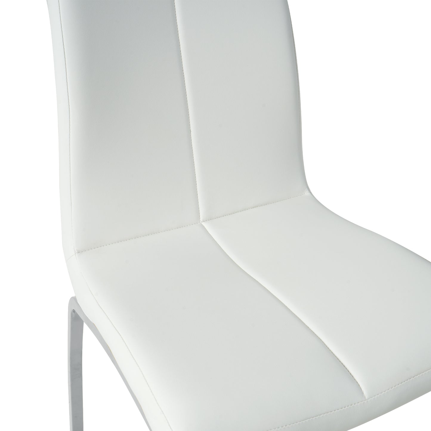 Closeup of a white leather dining chair with stitched detailing and a metal leg