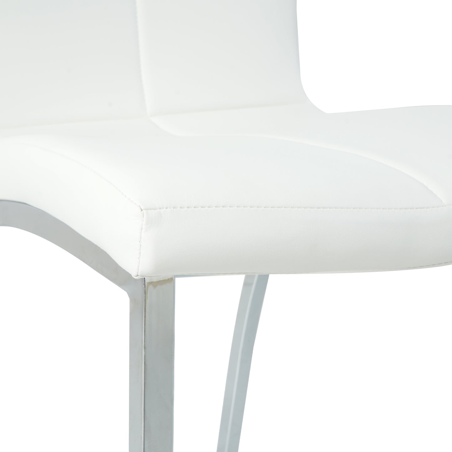 Closeup of a white leather bar stool seat with visible stitching and a chrome leg