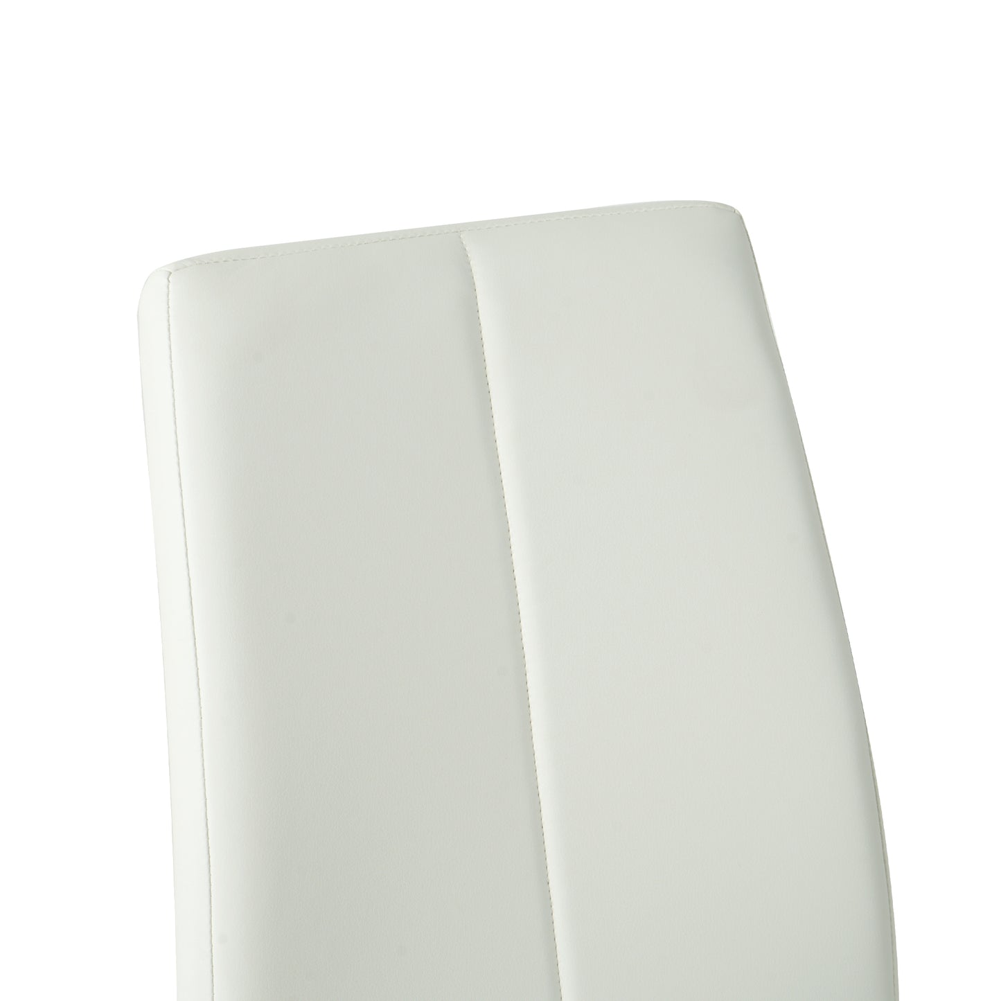 Closeup of a white faux leather chair back with stitched panel detail