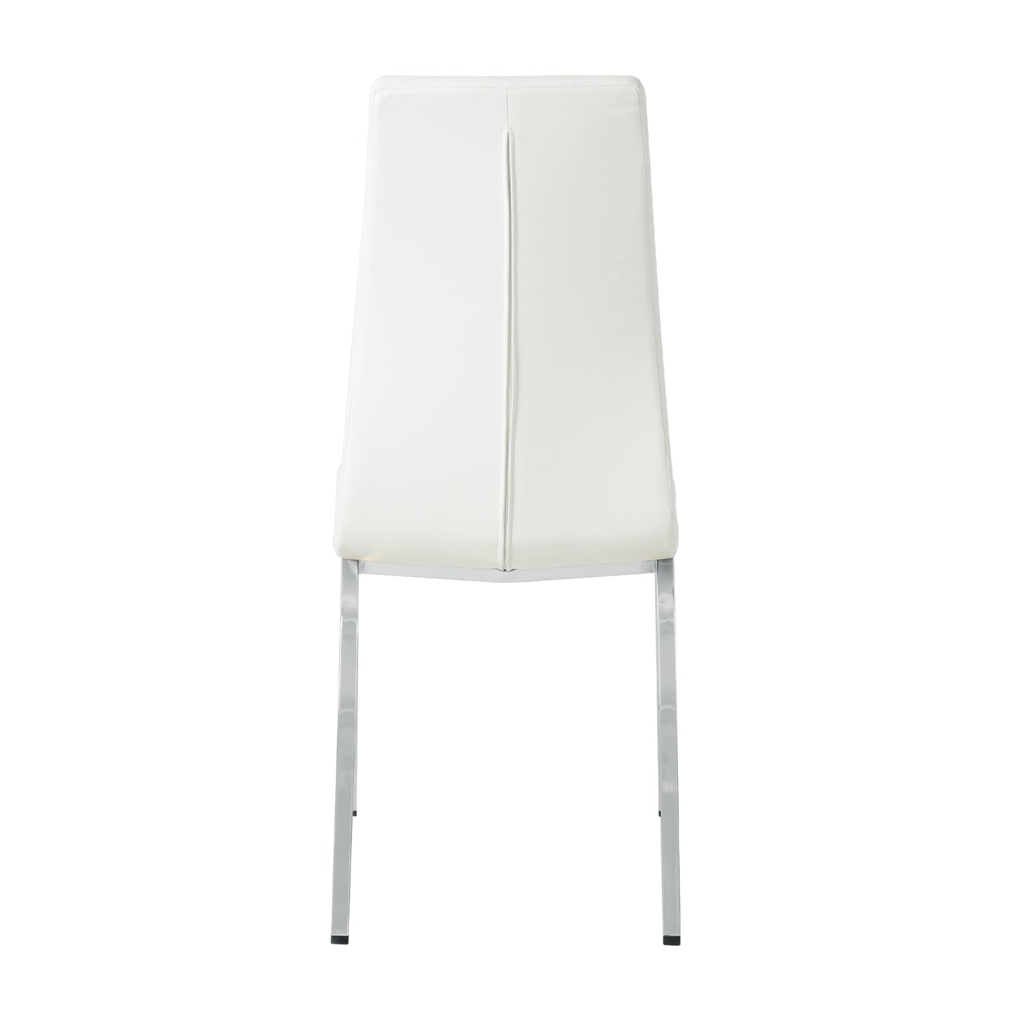 White faux leather dining chair with sleek chrome legs and a modern vertical seam detail